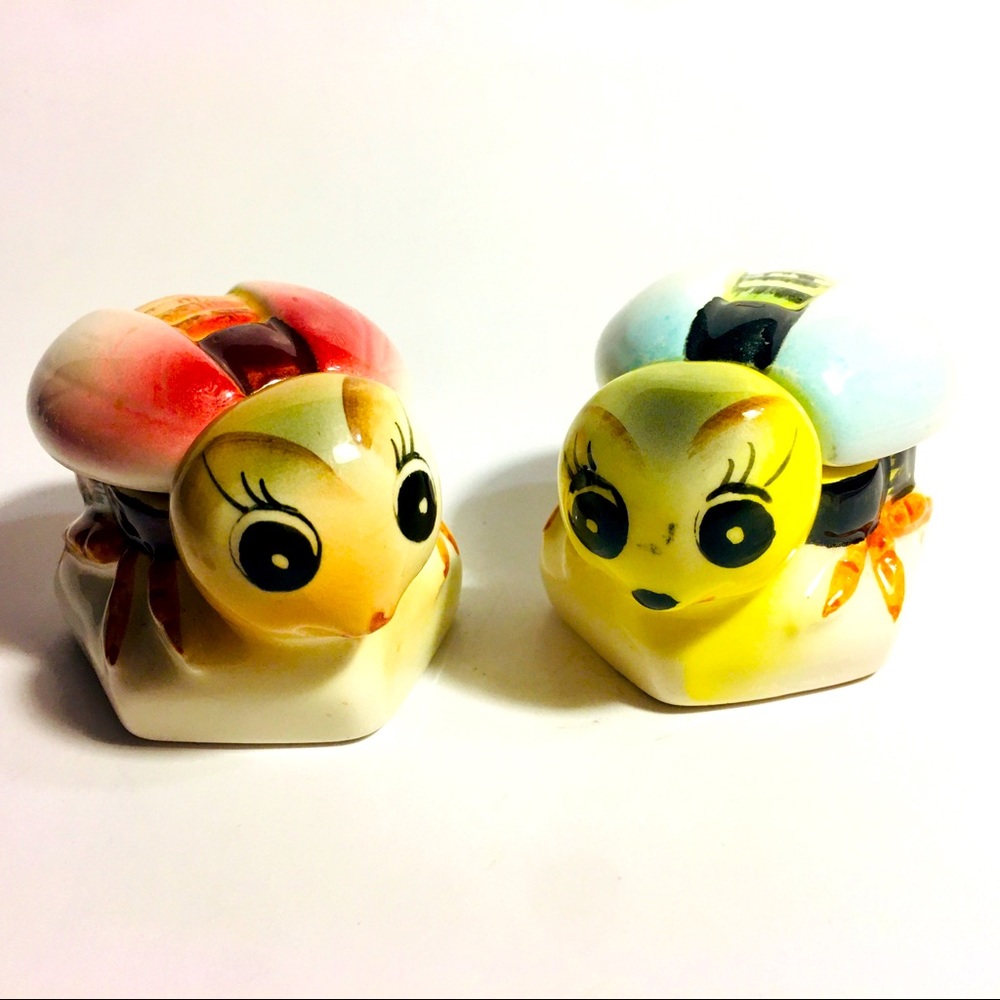 Vintage Anthropomorphic Bee & Lady Bug Honey Pot Jam Jars